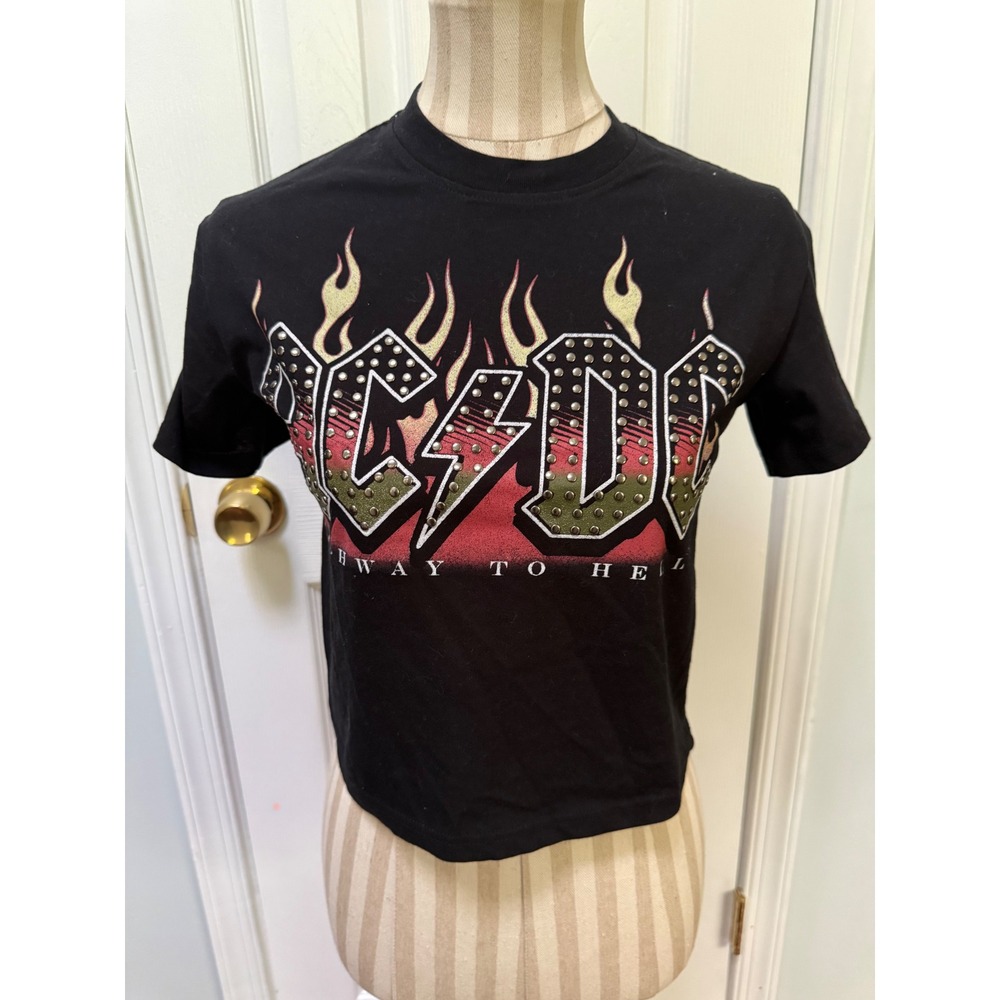 AC/DC Black Highway to Hell Studded Graphic T-Shirt Women Small Grunge